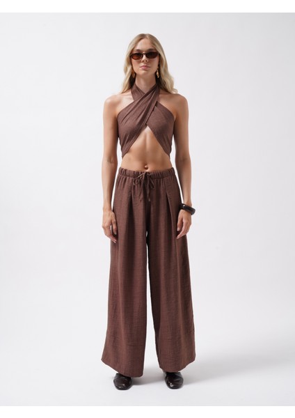 Düşük Bel Oversize Keten Kahverengi Pantolon fiyatları