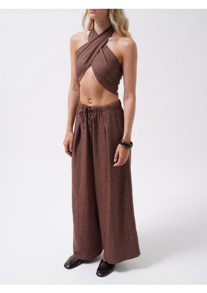 Düşük Bel Oversize Keten Kahverengi Pantolon modelleri