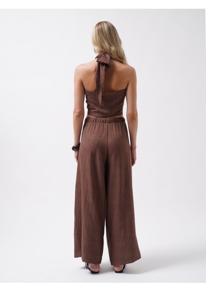 Düşük Bel Oversize Keten Kahverengi Pantolon indirimleri