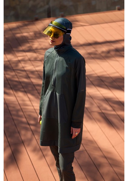 Haki Tam Kapalı Tesettür Mayo – Tül Detaylı, Modern Stil, M2534-3