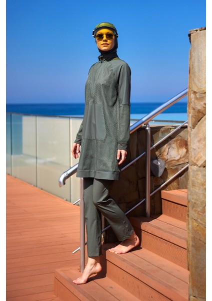 Haki Tam Kapalı Tesettür Mayo – Tül Detaylı, Modern Stil, M2534-3
