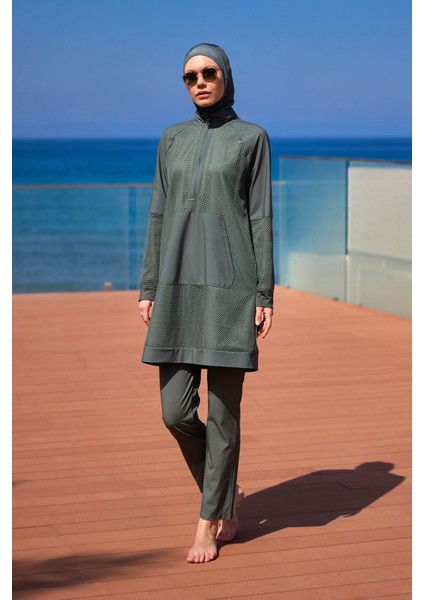 Haki Tam Kapalı Tesettür Mayo – Tül Detaylı, Modern Stil, M2534-3