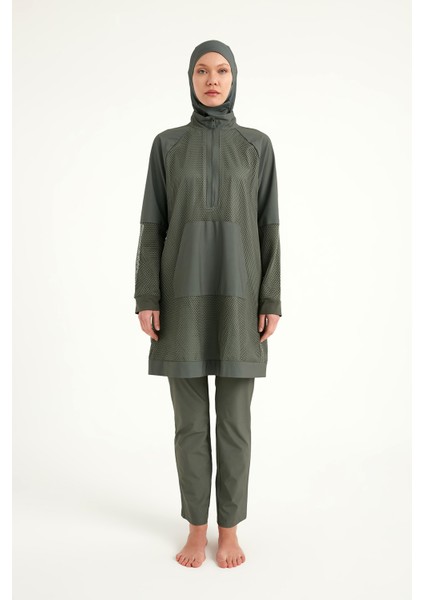 Haki Tam Kapalı Tesettür Mayo – Tül Detaylı, Modern Stil, M2534-3