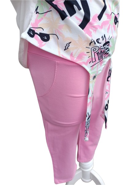 Kız Çocuk İkili Takım Belden Bağlamalı Önü Baskılı Arkası Düz Renk T-Shirt - Baskısız Tek Renk Pembe Tayt fırsatları