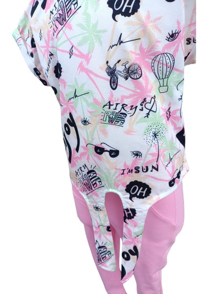 Kız Çocuk İkili Takım Belden Bağlamalı Önü Baskılı Arkası Düz Renk T-Shirt - Baskısız Tek Renk Pembe Tayt