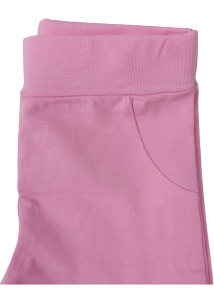 Kız Çocuk İkili Takım Belden Bağlamalı Önü Baskılı Arkası Düz Renk T-Shirt - Baskısız Tek Renk Pembe Tayt