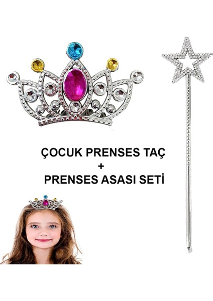 Çocuklar Için Taraklı Prenses Tacı ve Prenses Yıldız Asa Seti Gümüş (5047)
