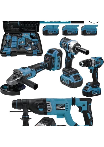 Assur Profesyonel 21V Akülü Somun Sıkma Sökme Matkap Taşlama Kırıcı Delici Hilti 4'lü Set