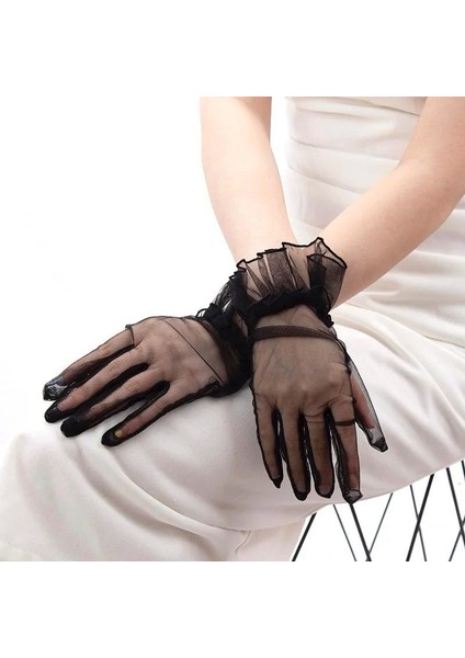 Kısa Boy Likralı Güpürlü Yetişkin Tül Eldiven Siyah Renk (5047)