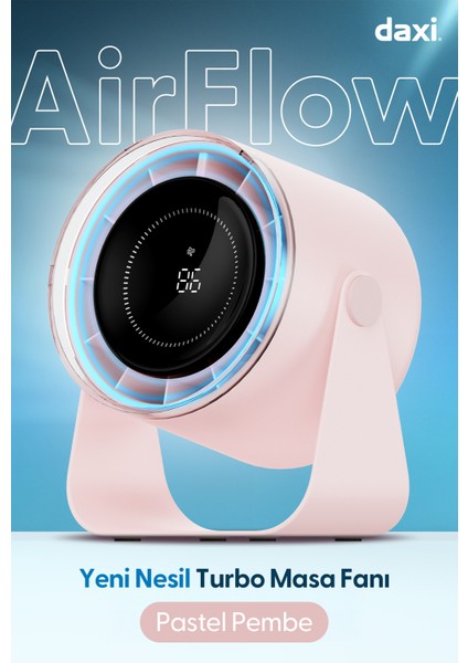 Airflow AF02 Yeni Nesil Şarjlı Turbo Masa Fanı, Ultra Güçlü Hava Akışı, 100 Kademeli, 16X19CM