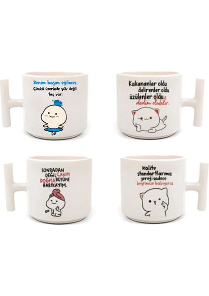 4'lü Moci Cat Baskılı - T Kulp Kupa