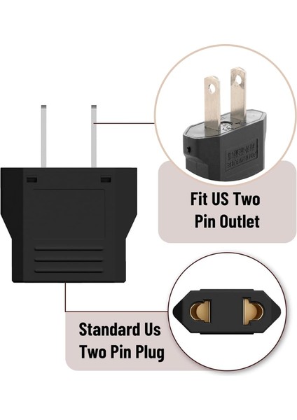 10 Adet Türk Fişi Amerikan Tip Fişe Çevirici Seyahat Adaptörü 2 Pinli Düz Plug Travel Adapter Fiş Priz Dönüştürücü Piriz Siyah