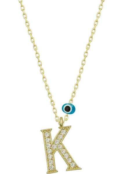 925 Ayar Gümüş Nazar Gold K Harfi Kadın Gümüş Kolye (T6787) (7272)