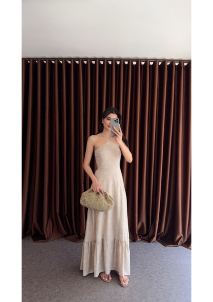 Nakış Görünümlü Bej Elbise