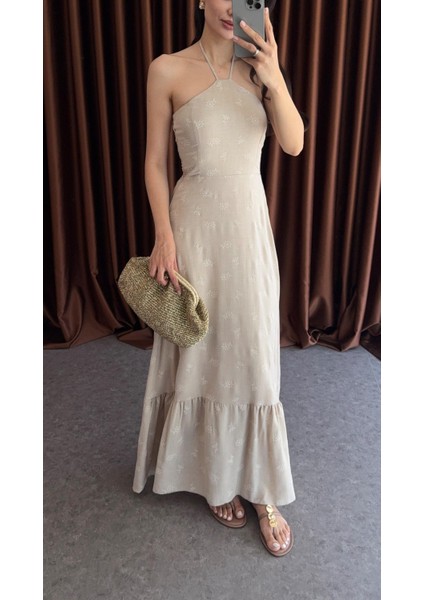 Nakış Görünümlü Bej Elbise fırsatları