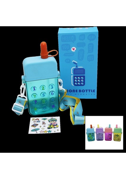 Telefon Modeli Renkli Mika Kristal Suluk Matara Pipetli - Vidalı Kapak - Askılı 300ML (5047)