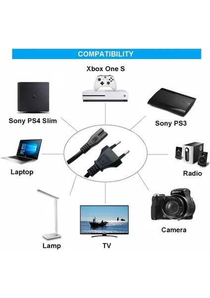 1.5 Metre 1.5mt Ceryan Power Güç Elektrik Kablosu C7 (Ps4/ps3/ps2/teyp- Laptop Adaptör-Işıldak ) 2 Pinli Kablo Cabble