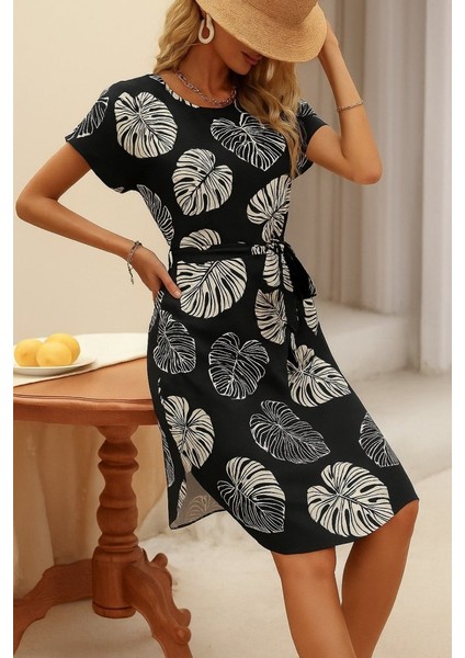 Kadın Kısa Kollu Bisiklet Yaka Desenli Kuşaklı Örme Krep Midi Elbise