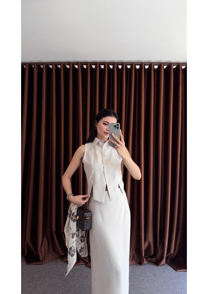 Sivri Yaka Ekru Yelek-Etek Takım