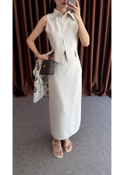 Sivri Yaka Ekru Yelek-Etek Takım modelleri