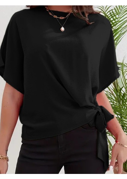 Kadın Kısa Kollu Bisiklet Yaka Yandan Bağlamalı Aerobin Bluz