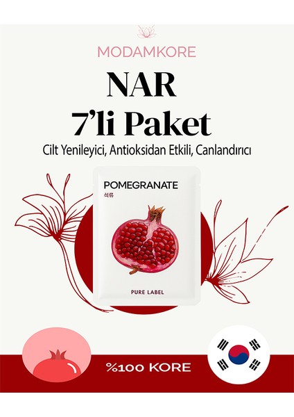 7'li Paket Nar Özlü Kore Yüz Maskesi Antioksidan Etkili, Canlandırıcı Maske