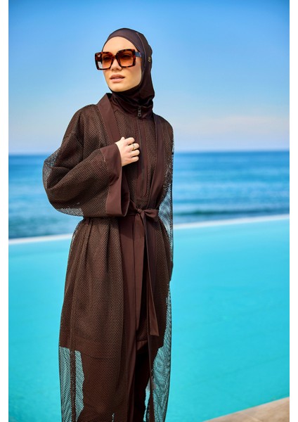 Kahverengi Tül Kimono – Tesettür Plaj Kimonosu P2501-4