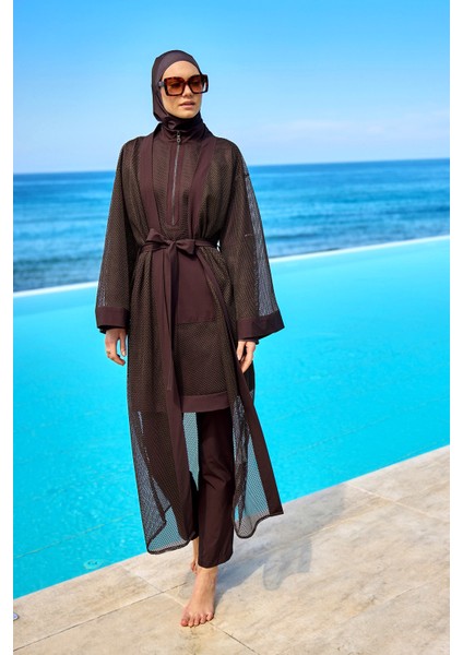 Kahverengi Tül Kimono – Tesettür Plaj Kimonosu P2501-4