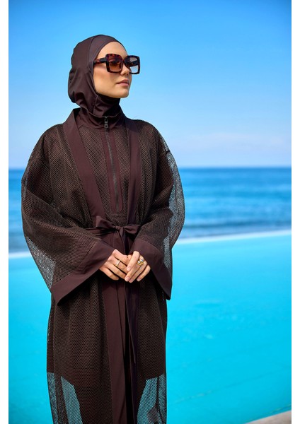Kahverengi Tül Kimono – Tesettür Plaj Kimonosu P2501-4