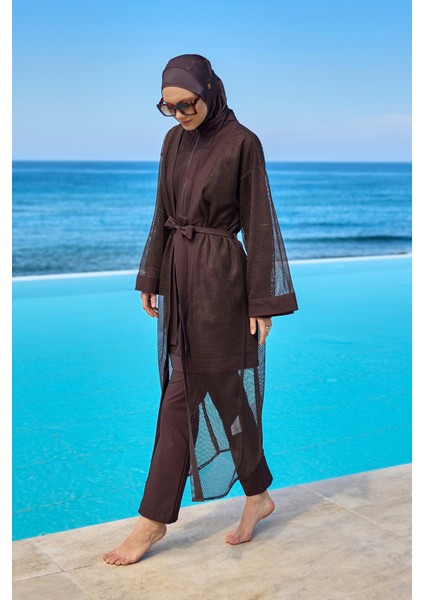 Kahverengi Tül Kimono – Tesettür Plaj Kimonosu P2501-4