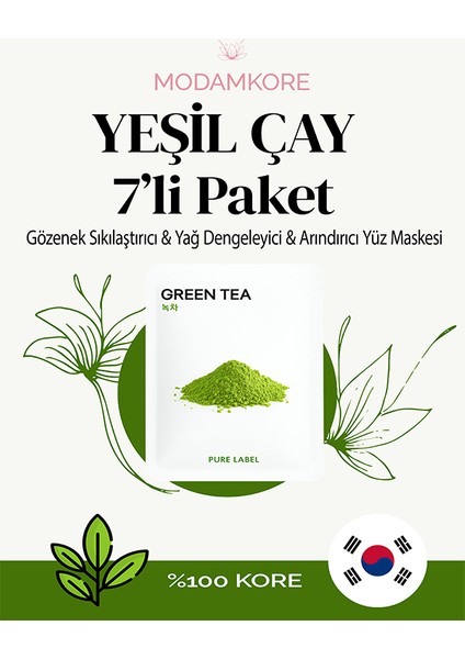 7'li Paket Yeşil Çay Kore Yüz Maskesi Yağ Dengeleyici & Arındırıcı