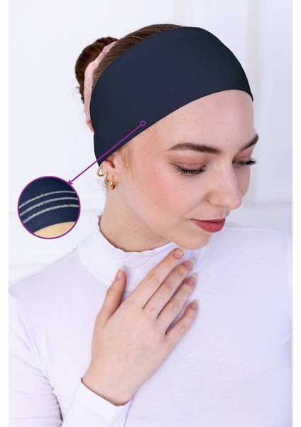 Kaymaz Bandana Lacivert Kaymayan Silikonlu Geçme Tesettür Bone - Sportif Saç Bandı