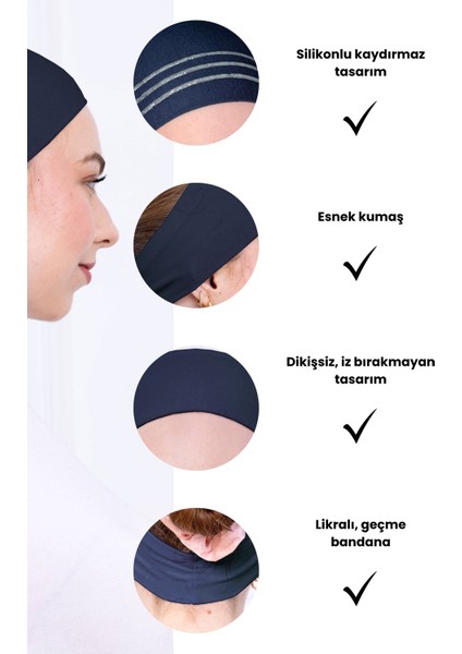 Kaymaz Bandana Lacivert Kaymayan Silikonlu Geçme Tesettür Bone - Sportif Saç Bandı