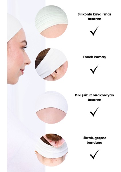Kaymaz Bandana Ekru Kaymayan Silikonlu Geçme Tesettür Bone - Sportif Saç Bandı