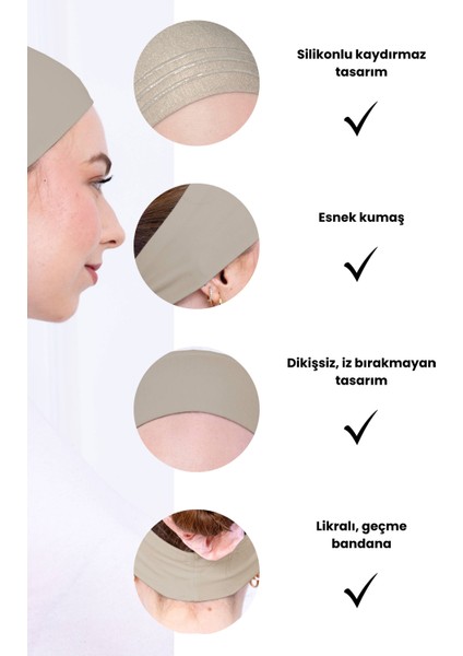 Kaymaz Bandana Açık Vizon Kaymayan Silikonlu Geçme Tesettür Bone - Sportif Saç Bandı