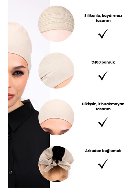 Kaymayan Krem Bone Silikonlu Kaymaz Dikişsiz Kadın Tesettür Bağlamalı (Açık Vizon - Bej)