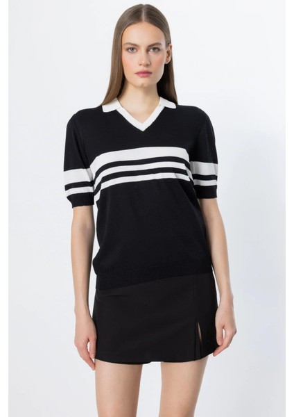 53300 Onteks Çizgi Detaylı Polo Yaka Kısa Kol Bluz modelleri