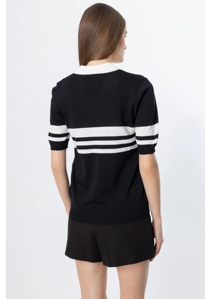 53300 Onteks Çizgi Detaylı Polo Yaka Kısa Kol Bluz fırsatları