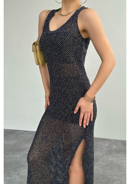 Simli Ajurlu Uzun Elbise - Lacivert-Sarı fırsatları