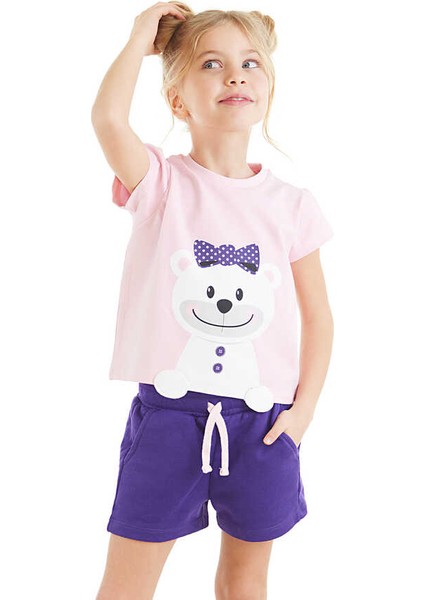 Kız Çocuk Pembe T-Shirt ve Mor Kısa Şort Yazlık Takım ile Eğlenceli Yaz Teması