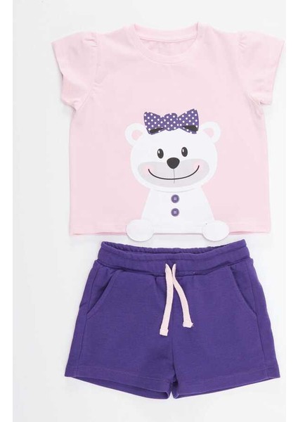 Kız Çocuk Pembe T-Shirt ve Mor Kısa Şort Yazlık Takım ile Eğlenceli Yaz Teması modelleri