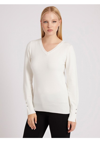 V Yakalı Kadın Kazak-Ekru