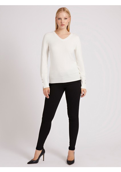 V Yakalı Kadın Kazak-Ekru fiyatları