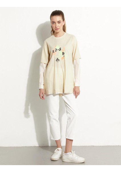 Baskılı Katmanlı Sweat-Krem