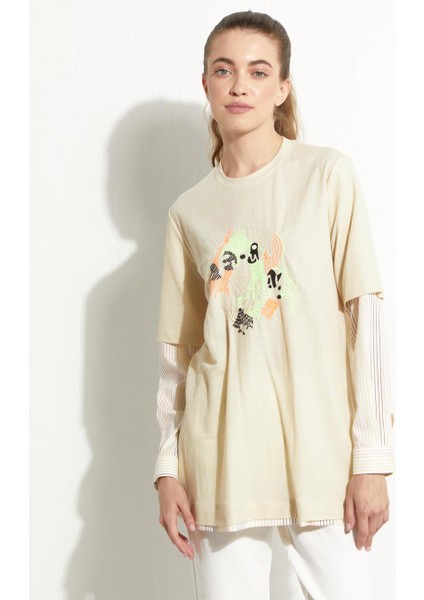 Baskılı Katmanlı Sweat-Krem modelleri