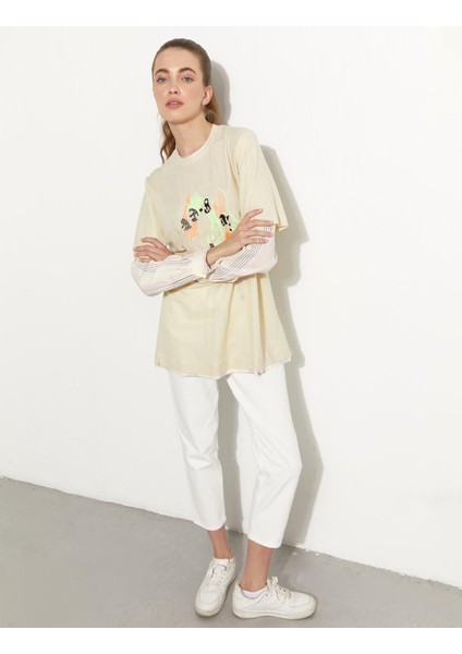 Baskılı Katmanlı Sweat-Krem fırsatları