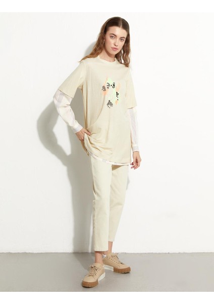 Baskılı Katmanlı Sweat-Krem indirimleri