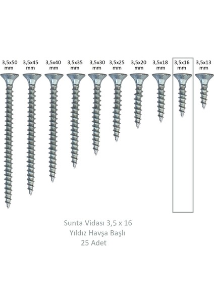 Sunta Vidası 3,5 x 16 mm 25 Adet Yhb Vida