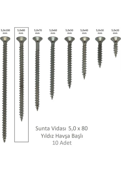 Sunta Vidası 5,0 x 80 mm 10 Adet Yhb Vida