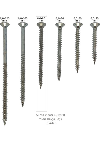 Sunta Vidası 6,0 x 80 mm 5 Adet Yhb Vida